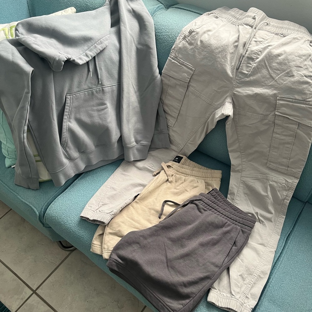 Bundle!! H&M Light Gray Cargo Pants, 2 shorts and Hooded Sweatshirt!